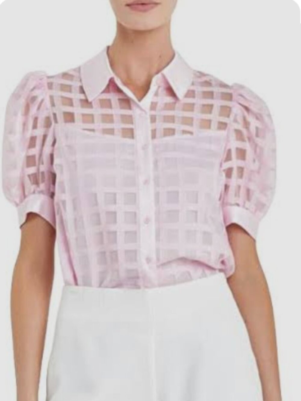 English Factory Pink Organza Puff Sleeve Blouse XL Stripe Grid Button Coquette
